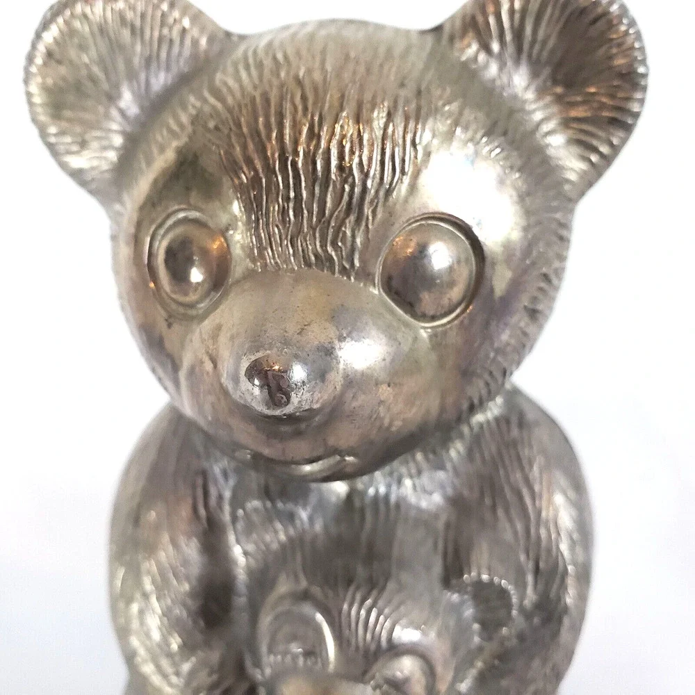 Baby Bear Holding Teddy Bear - Metal Bank / Statue - Vintage Made Taiwan 1970's!